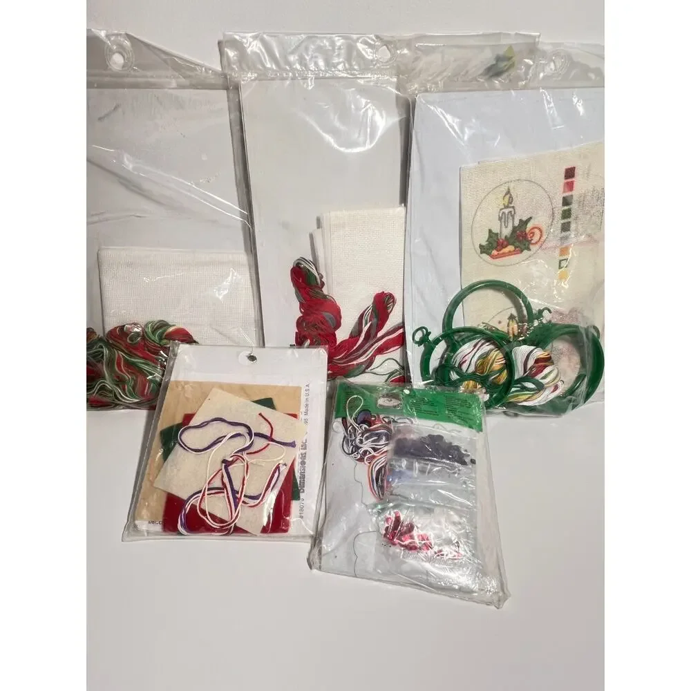 Lot of 5 VTG Holiday Cross Stitch Ornament Kits Needlepoint Christmas Stocking